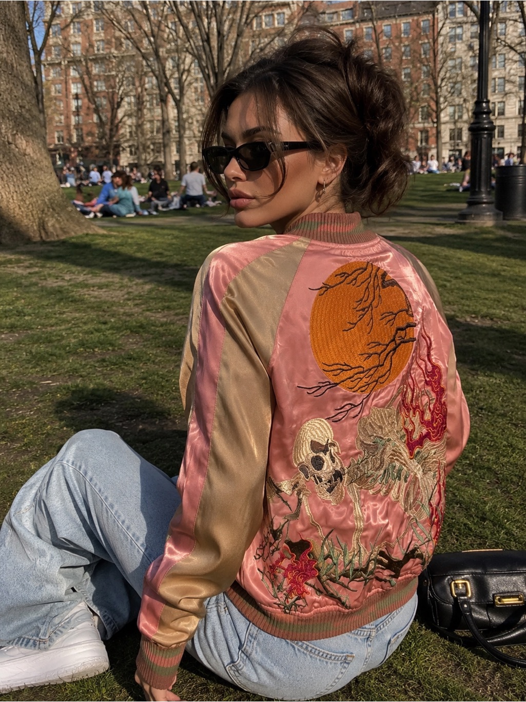 Reversible Embroidered Satin Bomber Pink Black Skull Sakura Cherry Blossoms